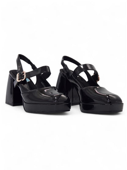 13761 - Zapatos Plataforma Negros de Charol con Tacón Grueso