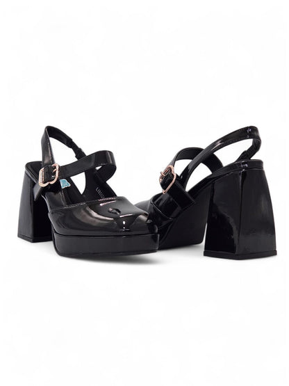 13761 - Zapatos Plataforma Negros de Charol con Tacón Grueso