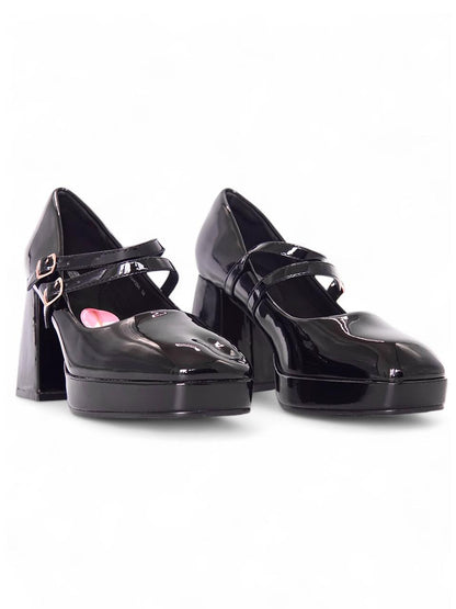 13519 - Zapatos de Plataforma en Charol Negro con Doble Correa