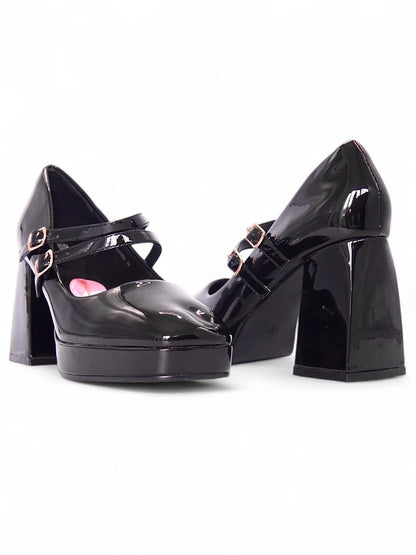 13519 - Zapatos de Plataforma en Charol Negro con Doble Correa