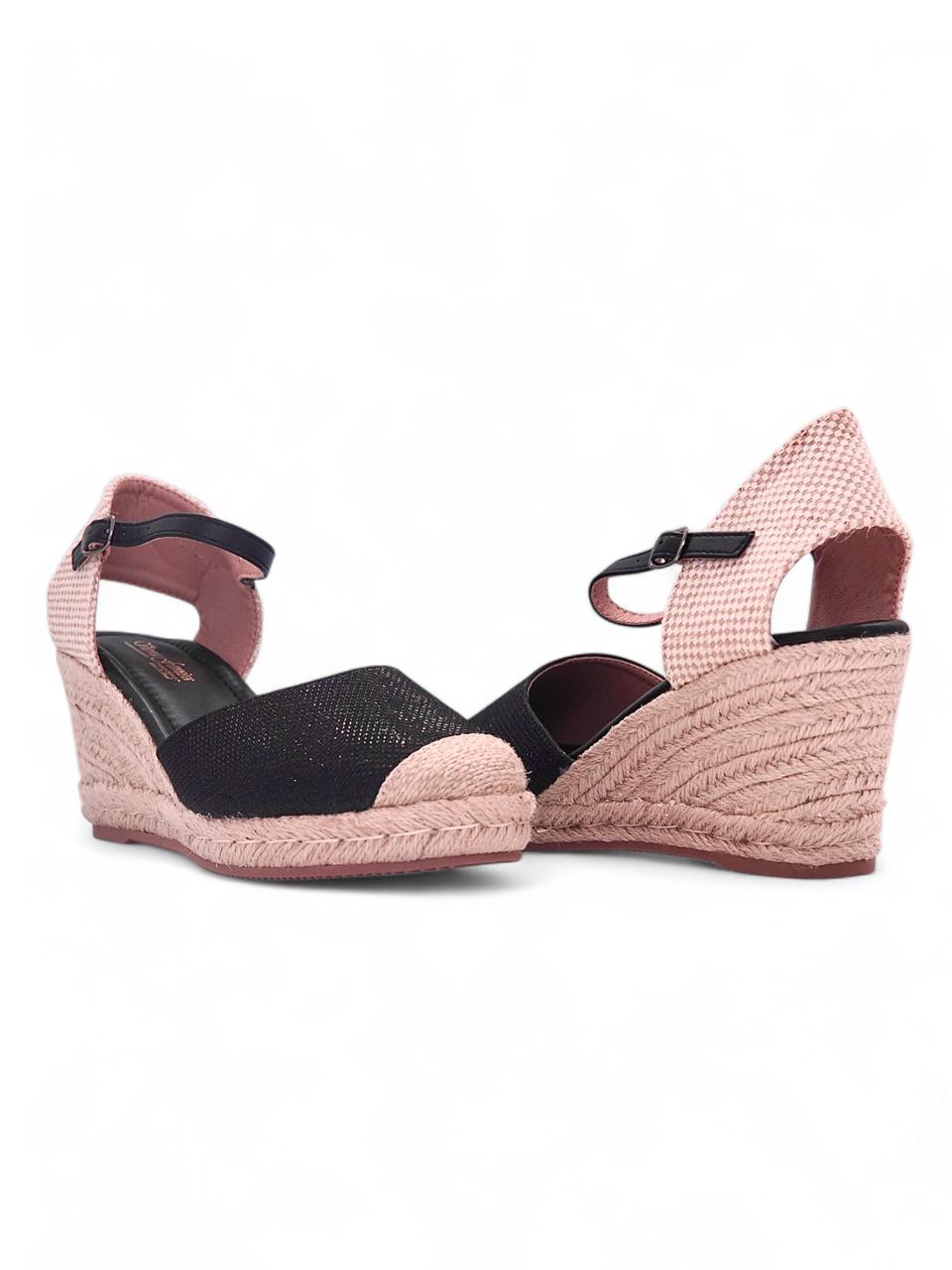 13050 - Sandalias de Cuña para Mujer en Negro con Detalles Nude