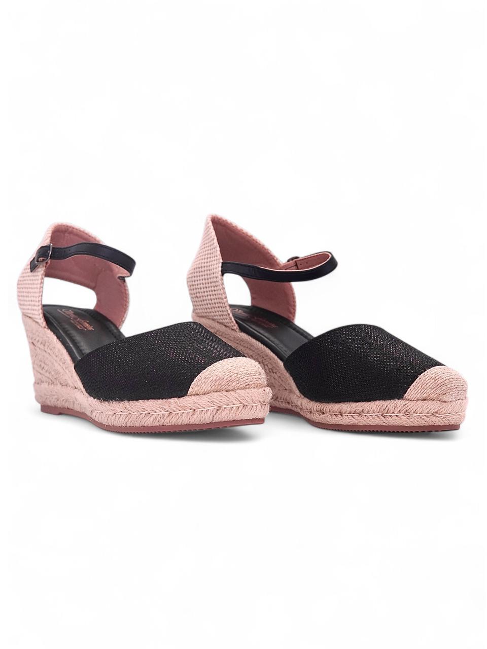 13050 - Sandalias de Cuña para Mujer en Negro con Detalles Nude