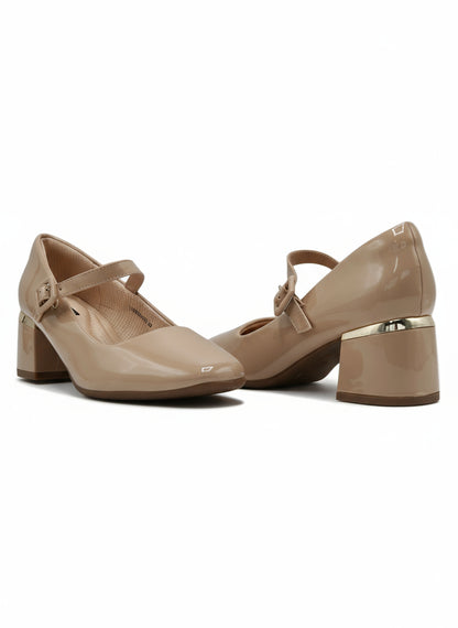 13511 - Zapatos de Tacón Medio para Mujer en Charol Nude con Hebilla