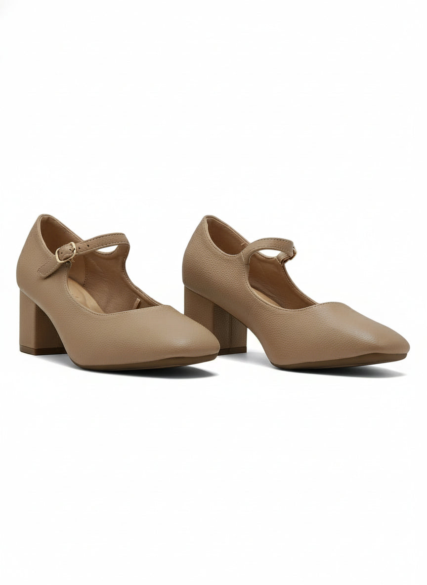 13440 - Zapatos de Tacón Medio para Mujer en Color Beige con Correa Ajustable
