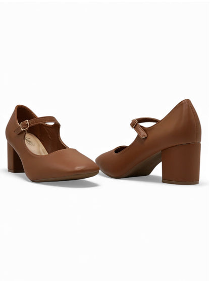 13445 - Zapatos de Tacón Medio para Mujer en Color Marrón con Correa Ajustable