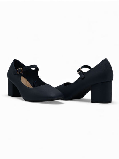 13444 - Zapatos de Tacón Medio para Mujer en Color Azul Marino con Correa Ajustable
