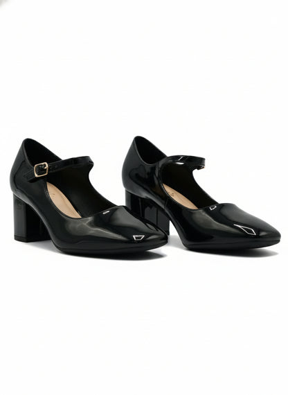 13443 - Zapatos de Tacón Medio para Mujer en Charol Negro con Correa Ajustable