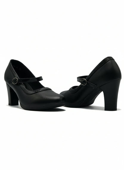 13586 - Zapatos de Tacón Alto para Mujer en Color Negro con Correa y Detalle Texturizado