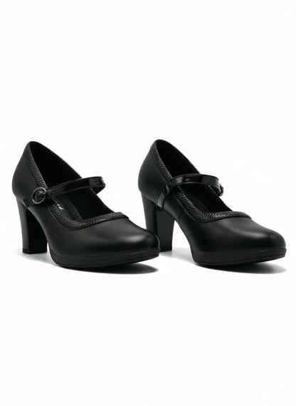 13586 - Zapatos de Tacón Alto para Mujer en Color Negro con Correa y Detalle Texturizado
