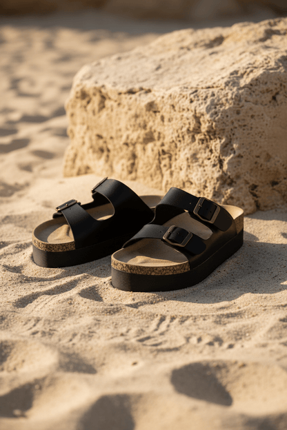 Sandalias 14281 - ZOÉ Sandalias Negras Yute Plataforma 14281 Doble Correa con Hebilla Casual de mujer Zoé Brand Costa Rica