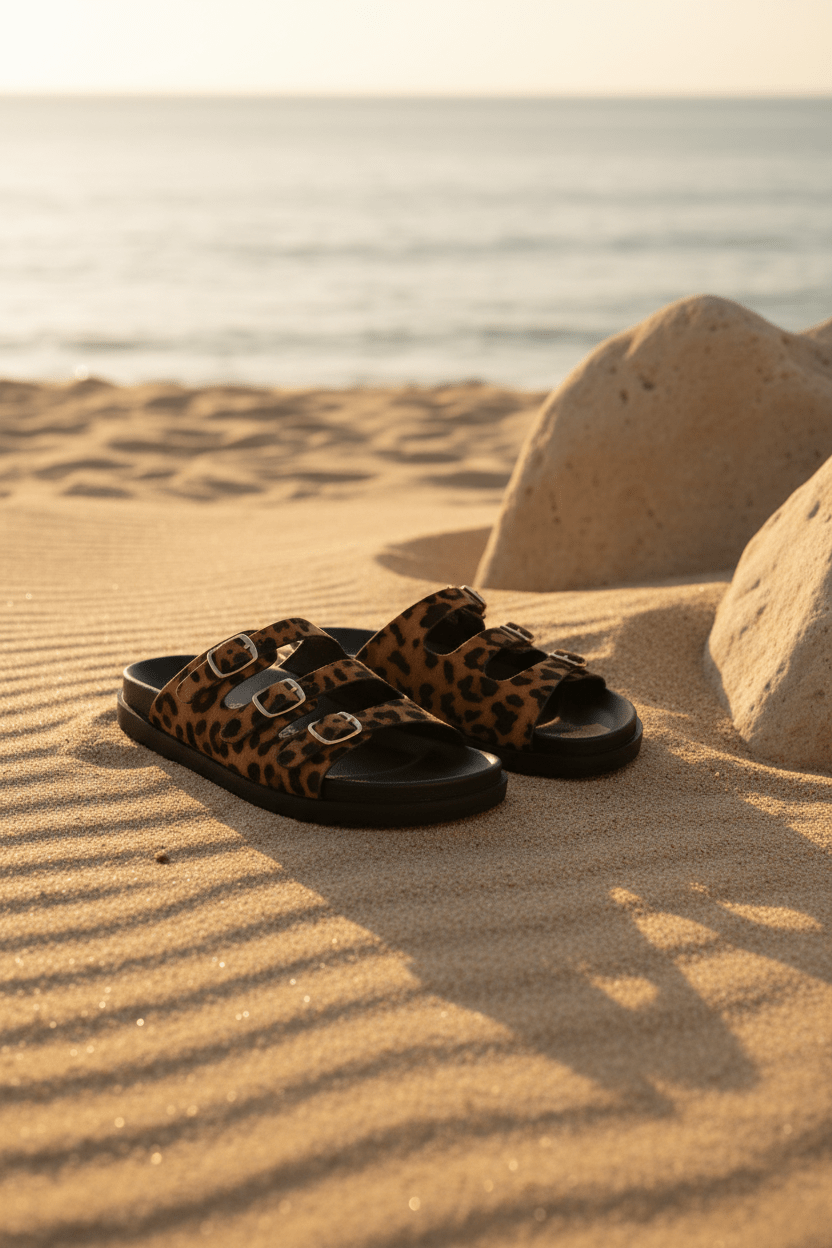 Sandalias Negro Gamuza Animal Print 14422 Triple Correa con Hebillas Zoé Brand Costa Rica